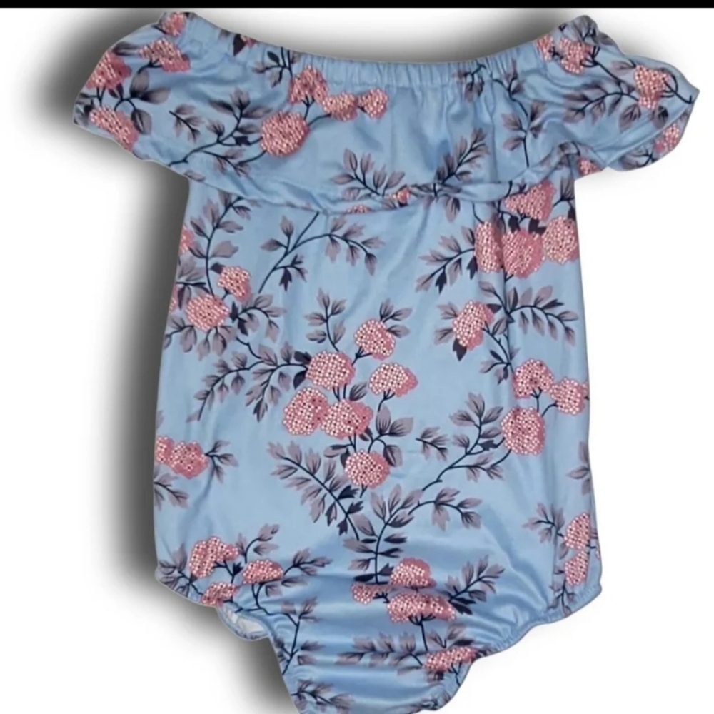 Bailey's Blossoms Toddler Blue Floral Off The Shoulder Flutter Sleeve Leotard 4t